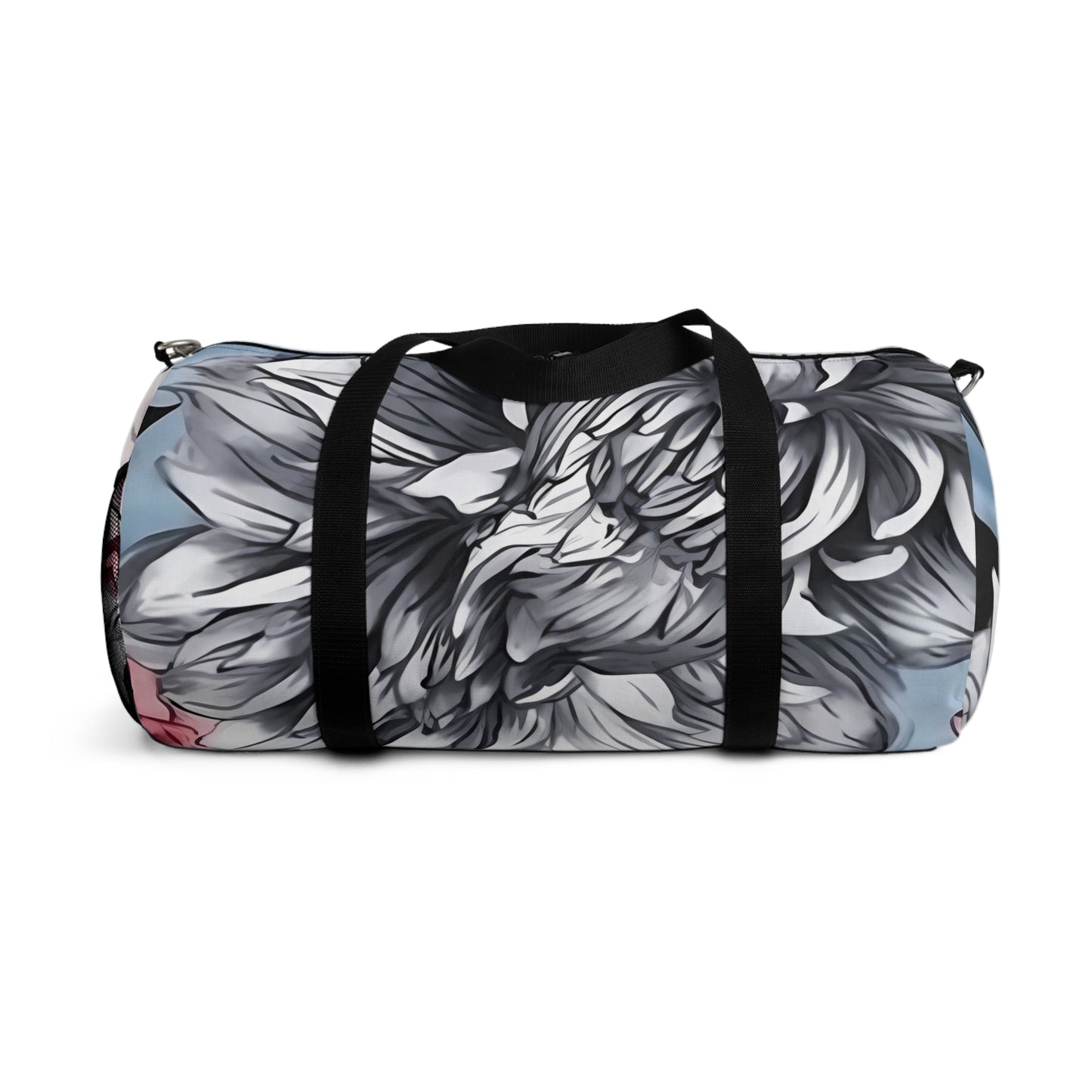 Dahlia Elegance: Gray, Pink, and Blue Duffel Bag