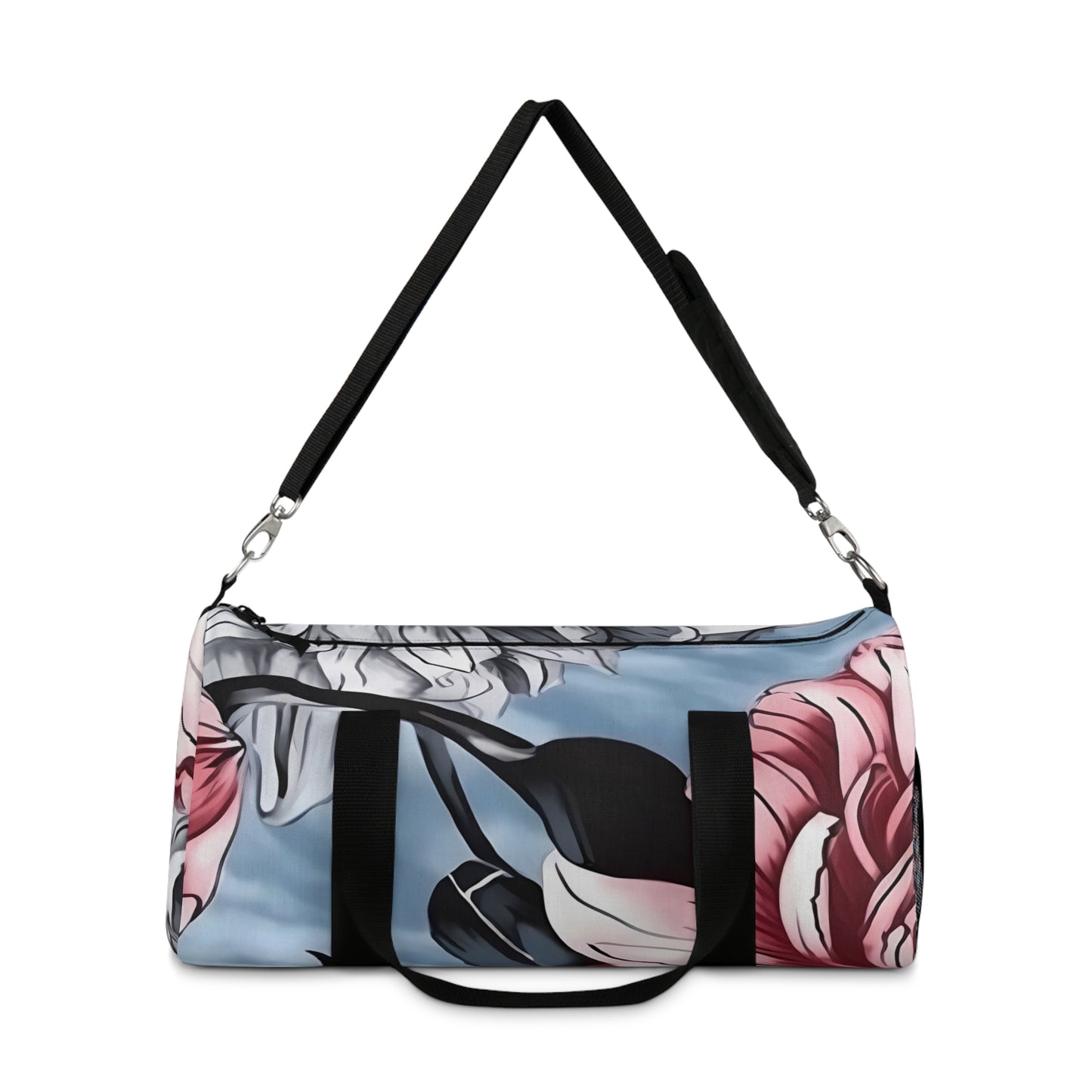Dahlia Elegance: Gray, Pink, and Blue Duffel Bag