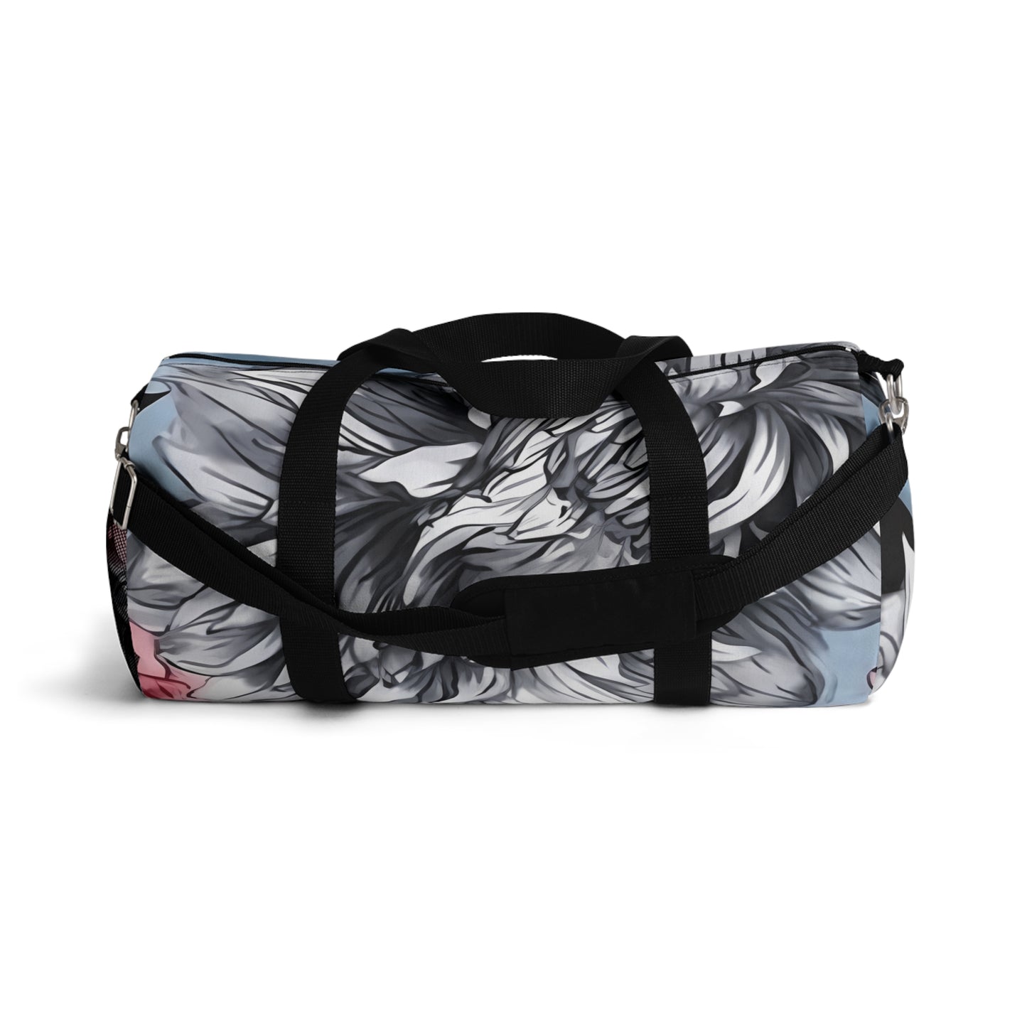 Dahlia Elegance: Gray, Pink, and Blue Duffel Bag