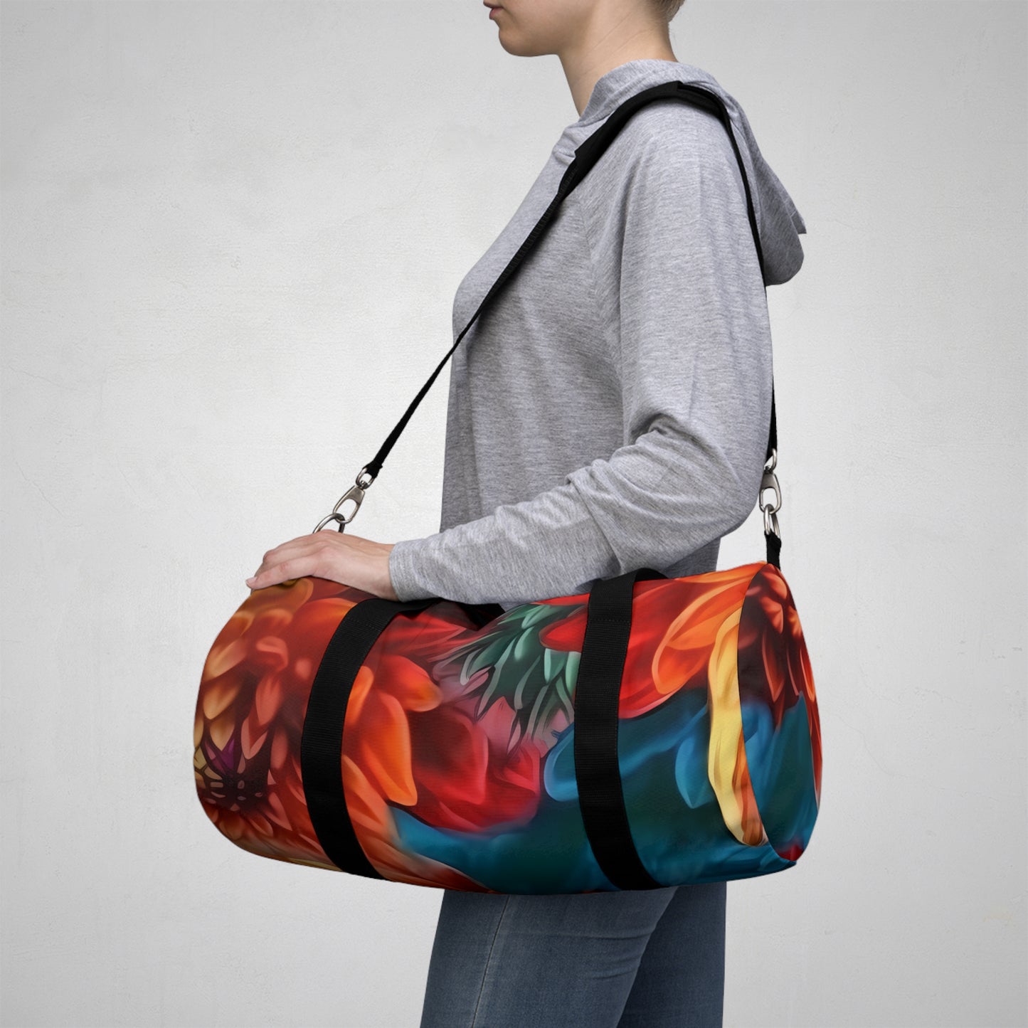 Blooming Paradise: Blue, Red, and Orange Flower Patterned Duffel Bag