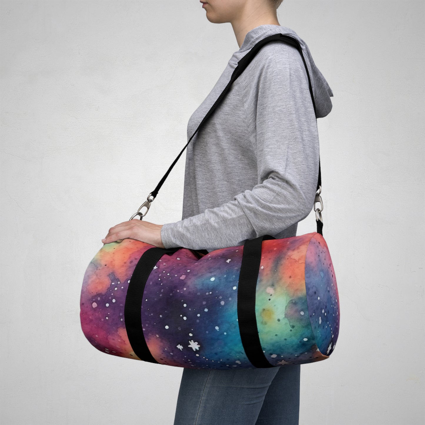 Galactic Dreams: Pink, Orange, Purple, and Blue Galaxy Patterned Duffel Bag