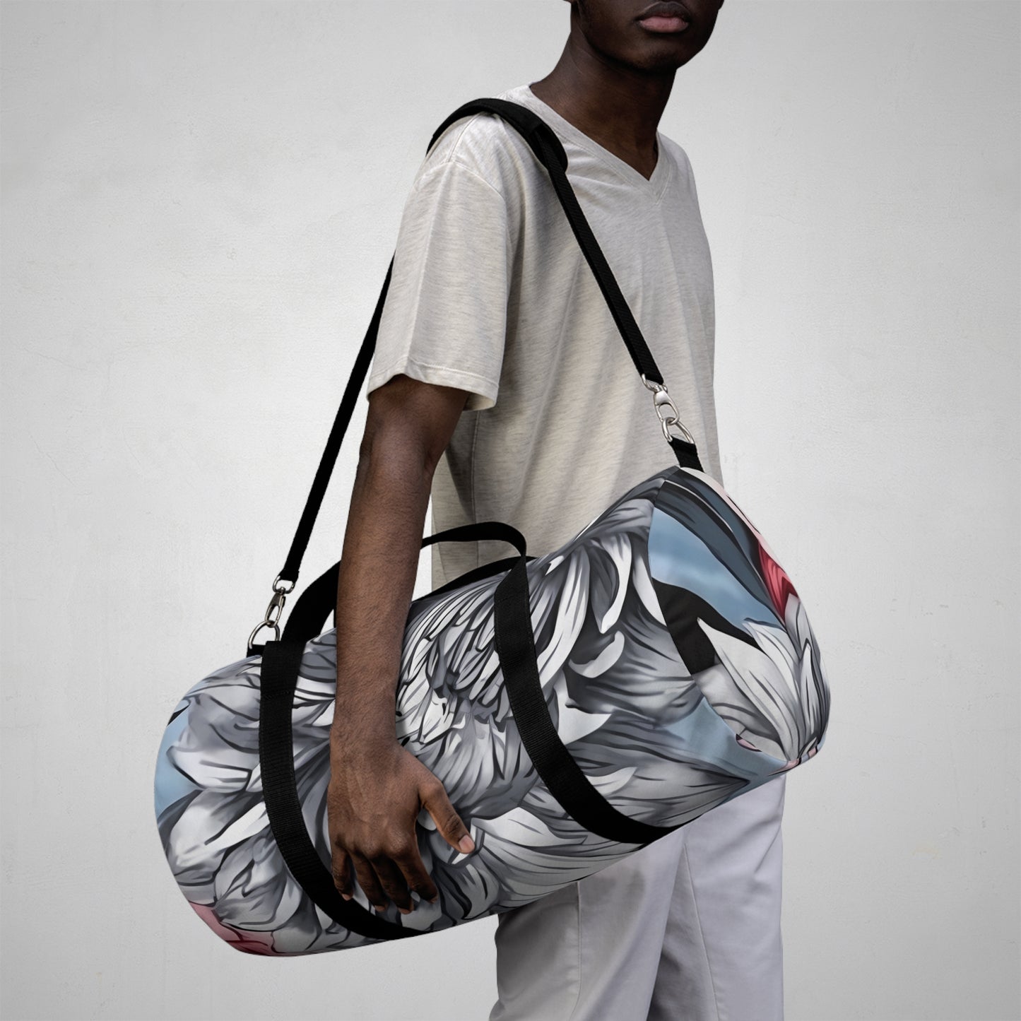 Dahlia Elegance: Gray, Pink, and Blue Duffel Bag