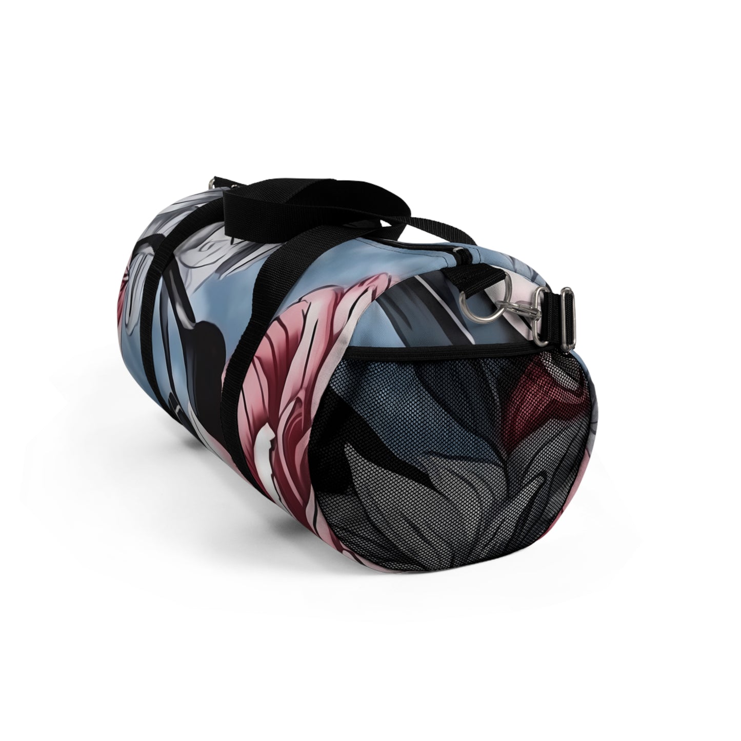 Dahlia Elegance: Gray, Pink, and Blue Duffel Bag