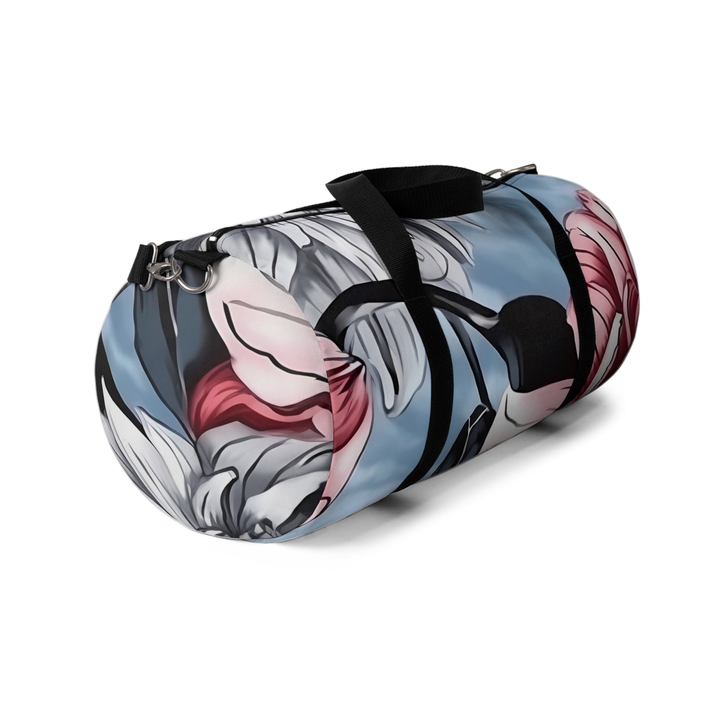 Dahlia Elegance: Gray, Pink, and Blue Duffel Bag