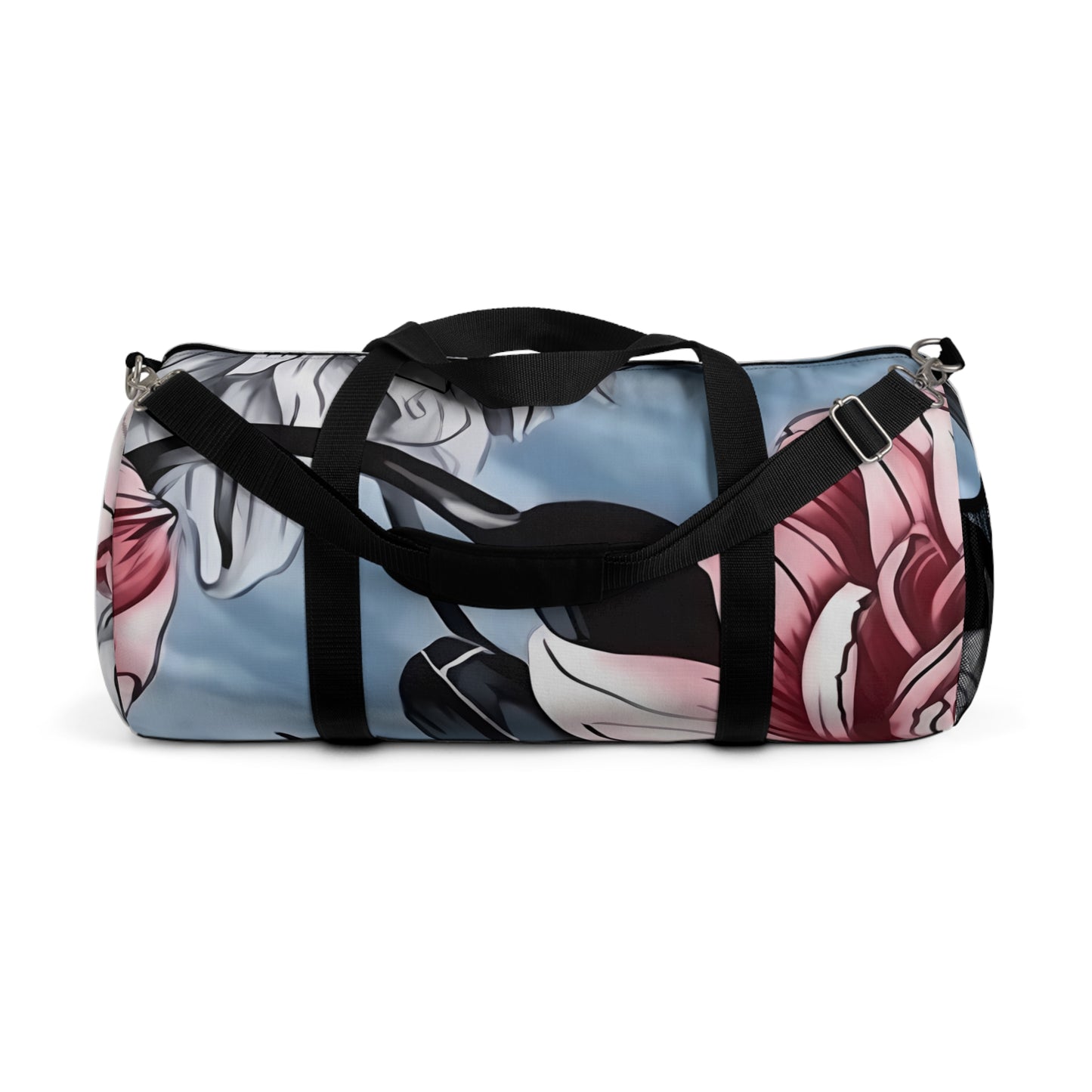 Dahlia Elegance: Gray, Pink, and Blue Duffel Bag
