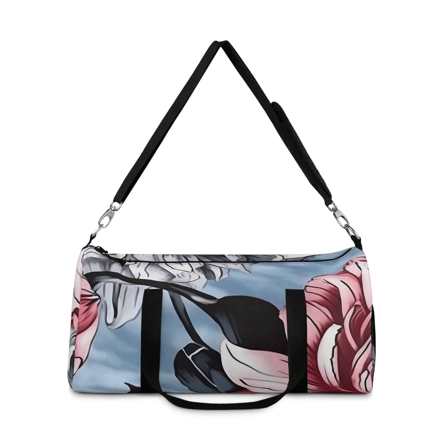 Dahlia Elegance: Gray, Pink, and Blue Duffel Bag