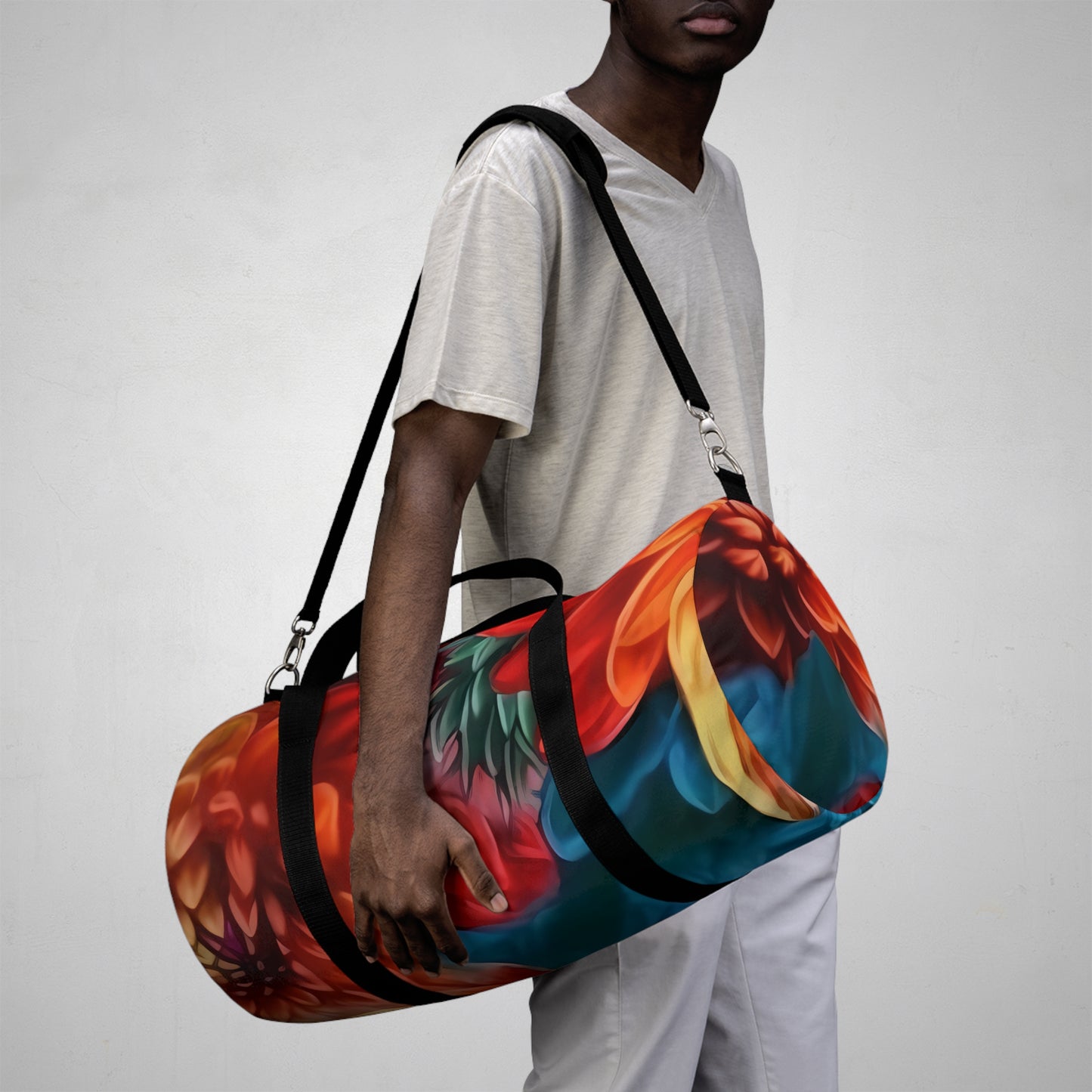 Blooming Paradise: Blue, Red, and Orange Flower Patterned Duffel Bag