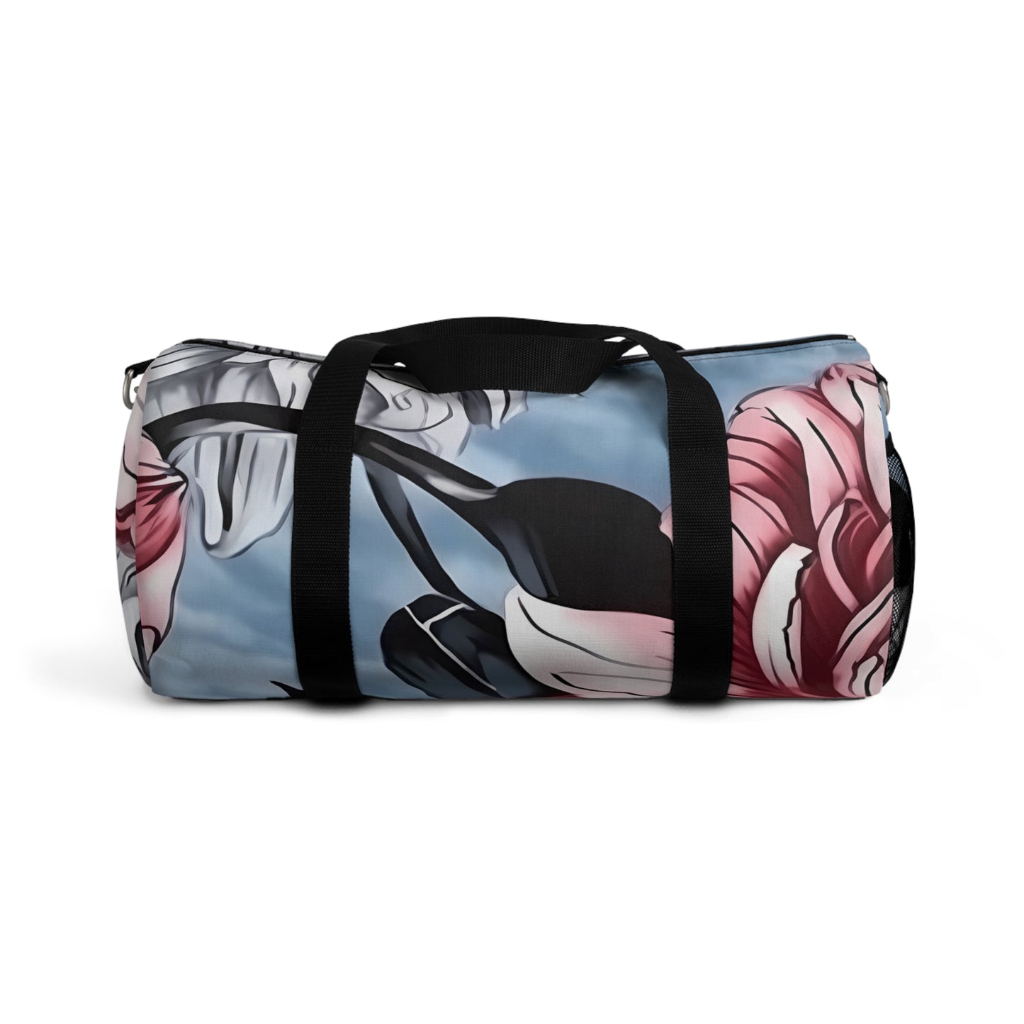 Dahlia Elegance: Gray, Pink, and Blue Duffel Bag