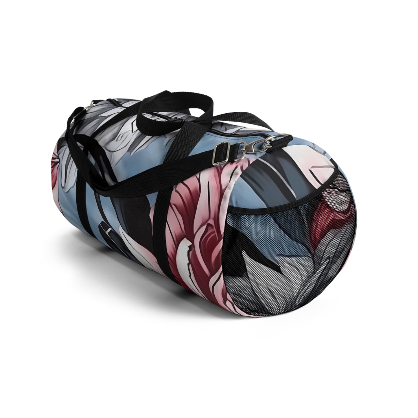 Dahlia Elegance: Gray, Pink, and Blue Duffel Bag