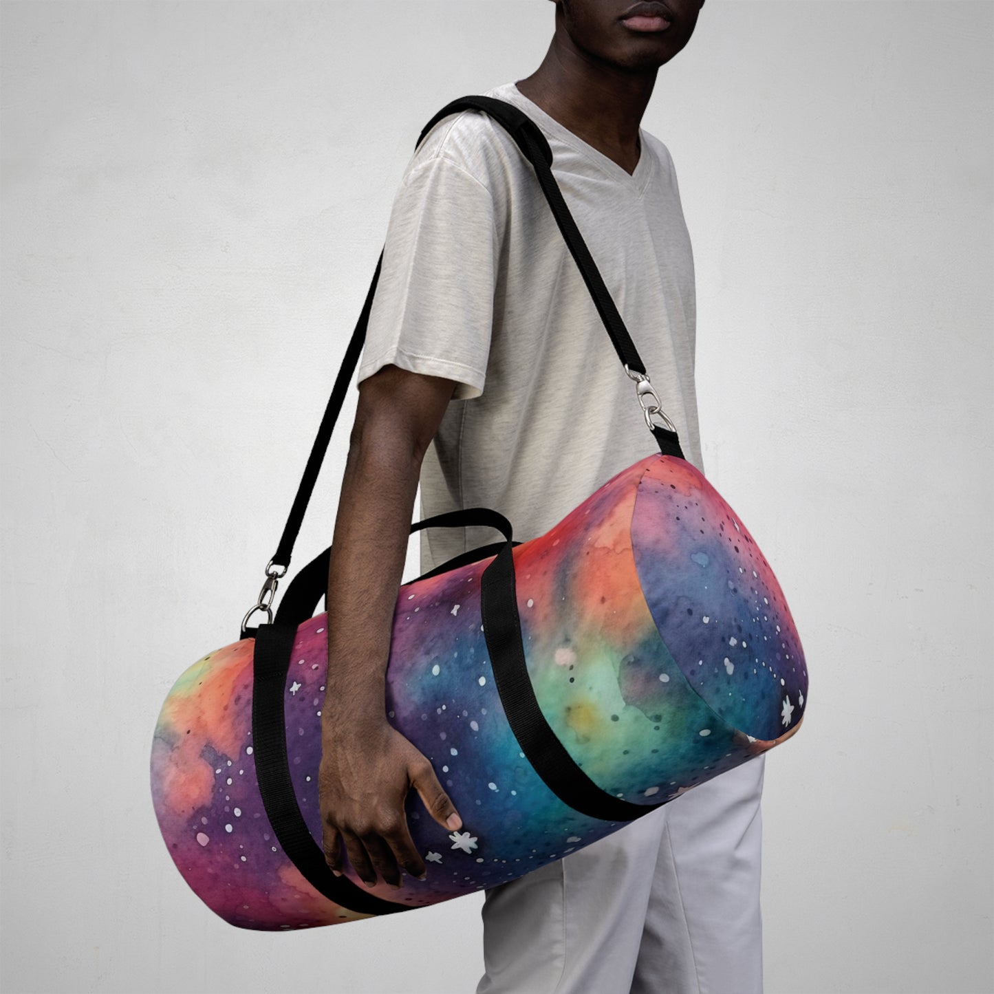 Galactic Dreams: Pink, Orange, Purple, and Blue Galaxy Patterned Duffel Bag