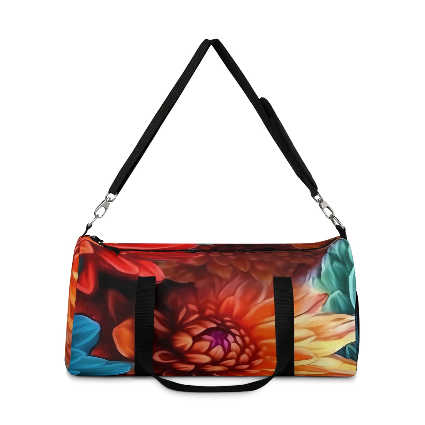 Blooming Paradise: Blue, Red, and Orange Flower Patterned Duffel Bag