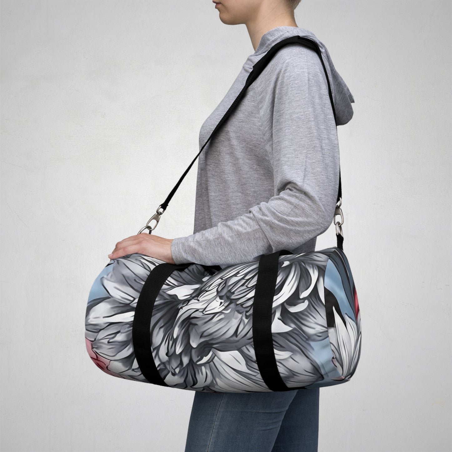 Dahlia Elegance: Gray, Pink, and Blue Duffel Bag