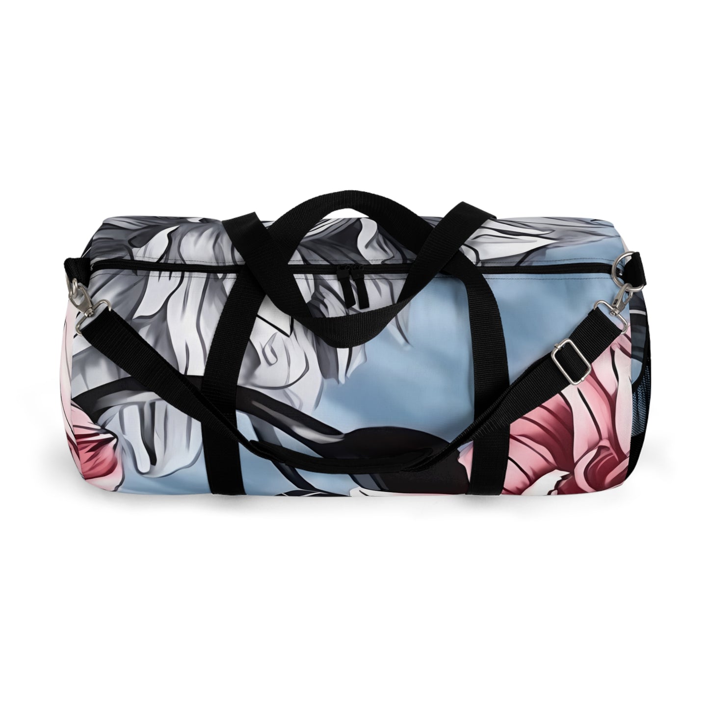 Dahlia Elegance: Gray, Pink, and Blue Duffel Bag