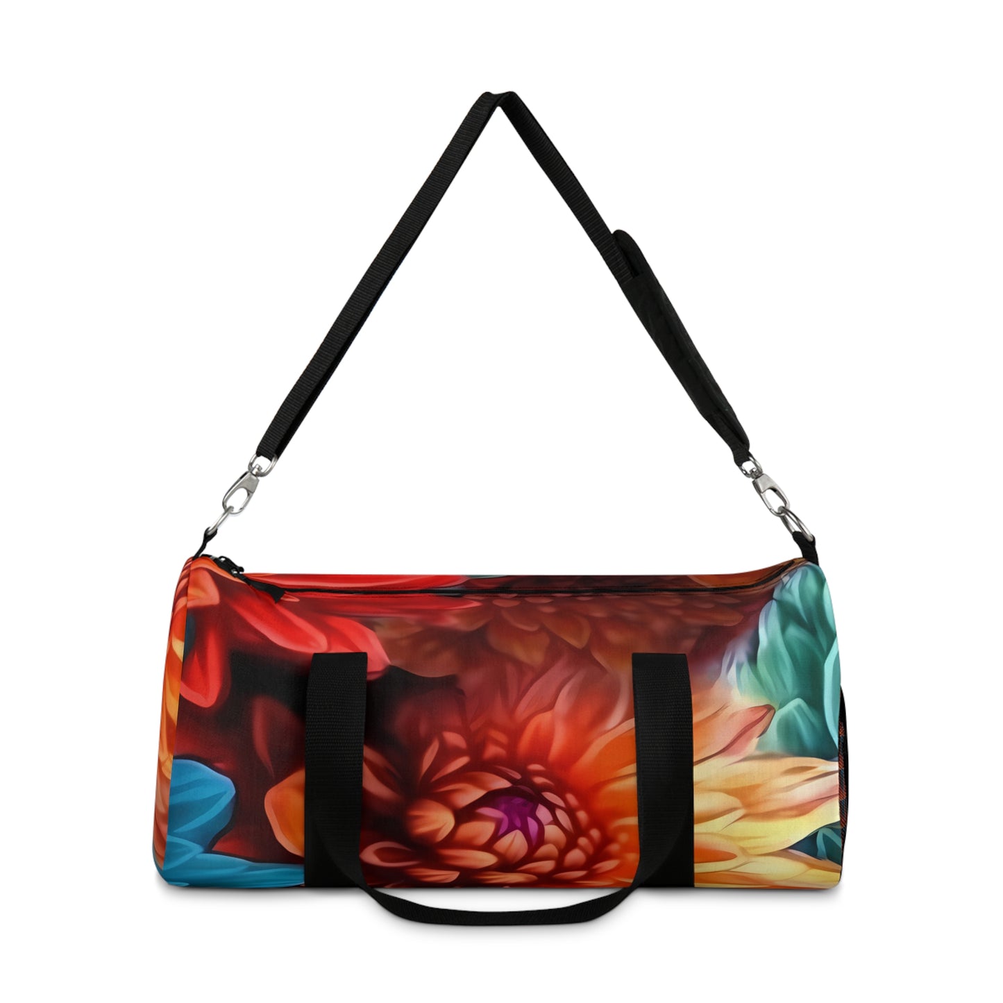 Blooming Paradise: Blue, Red, and Orange Flower Patterned Duffel Bag