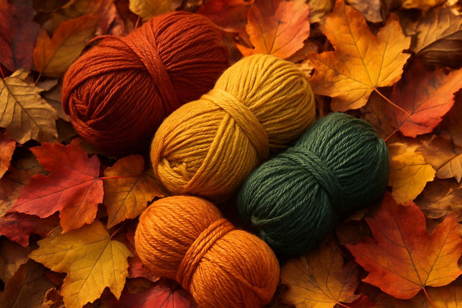 crochet yarn in a bed of a variety of colored fall leaves